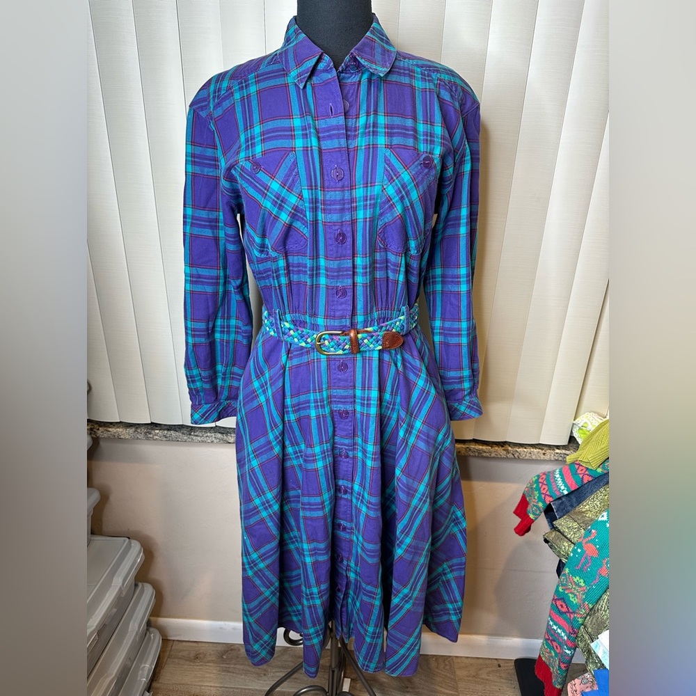 Vintage Liz Claiborne Purple Teal Button Down Belted Plaid Cotton Dress 8Petite